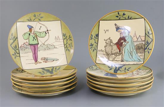 A set of twelve Minton Signs of the Zodiac plates, c.1873, designed by Henry Stacey Marks, D. 23cm, Leo restored